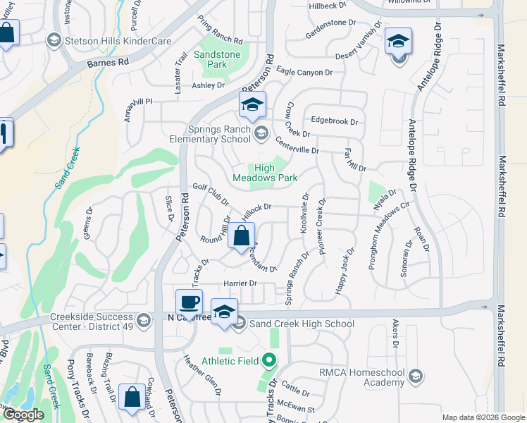 map of restaurants, bars, coffee shops, grocery stores, and more near 7032 Hillock Drive in Colorado Springs