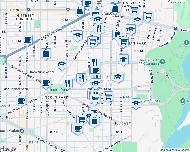 map of restaurants, bars, coffee shops, grocery stores, and more near 125 15th Street Northeast in Washington