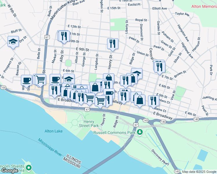 map of restaurants, bars, coffee shops, grocery stores, and more near 405 Henry Street in Alton