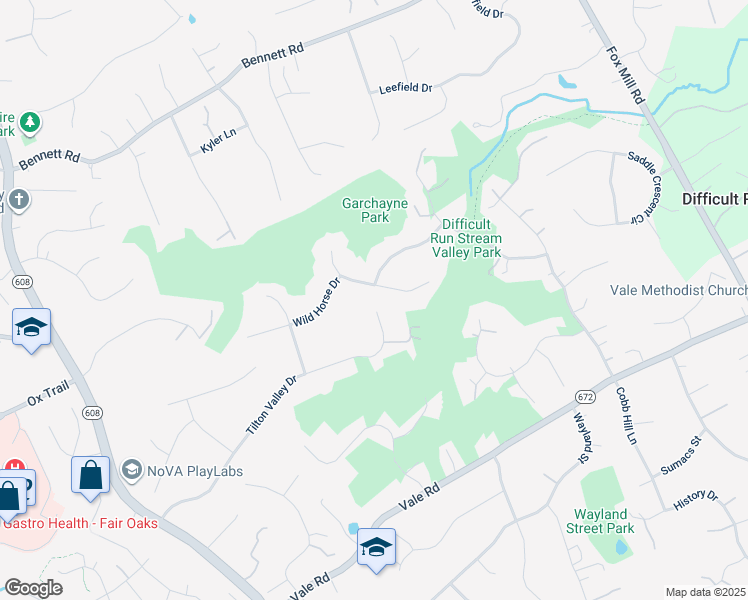 map of restaurants, bars, coffee shops, grocery stores, and more near 3264 Pony Ridge Way in Oakton
