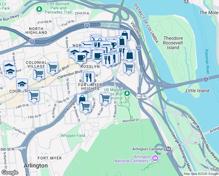 map of restaurants, bars, coffee shops, grocery stores, and more near 101 Independence Avenue Southeast in Washington