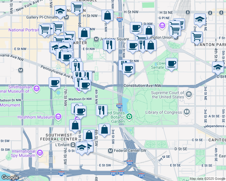 map of restaurants, bars, coffee shops, grocery stores, and more near 1 3rd Street Northwest in Washington