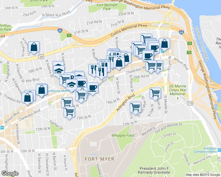 map of restaurants, bars, coffee shops, grocery stores, and more near 1512 North Rhodes Street in Arlington