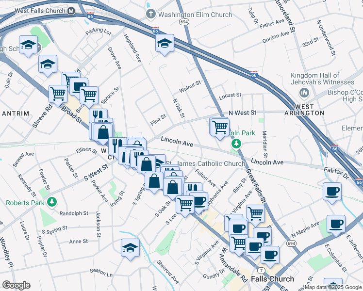map of restaurants, bars, coffee shops, grocery stores, and more near 817 Lincoln Avenue in Falls Church
