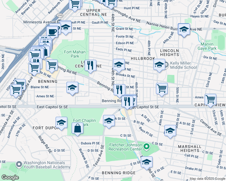 map of restaurants, bars, coffee shops, grocery stores, and more near Benning Rd NE & 44th St NE in Washington