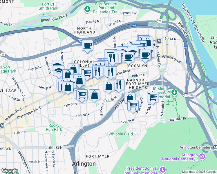 map of restaurants, bars, coffee shops, grocery stores, and more near 1512 North Rhodes Street in Arlington
