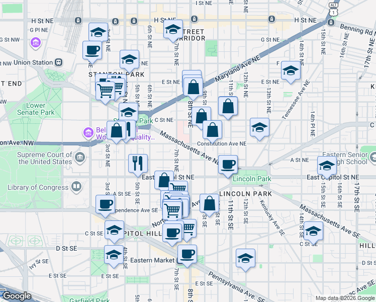 map of restaurants, bars, coffee shops, grocery stores, and more near 101 Independence Avenue Southeast in Washington