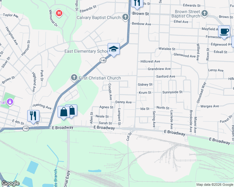 map of restaurants, bars, coffee shops, grocery stores, and more near 614 Lampert Street in Alton