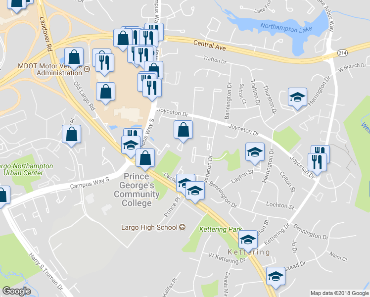 map of restaurants, bars, coffee shops, grocery stores, and more near 170 Joyceton Terrace in Upper Marlboro