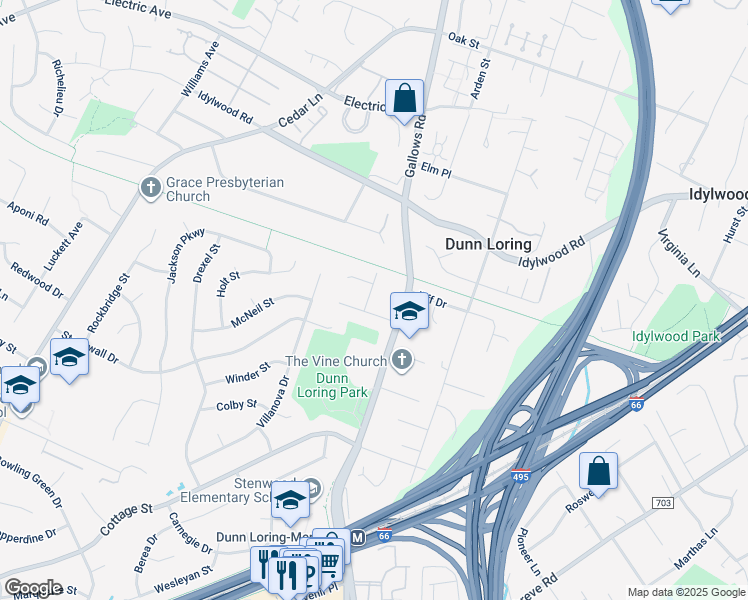 map of restaurants, bars, coffee shops, grocery stores, and more near 2503 Bright Wood Drive in Dunn Loring