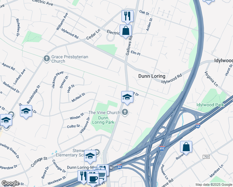 map of restaurants, bars, coffee shops, grocery stores, and more near 2503 Bright Wood Drive in Dunn Loring