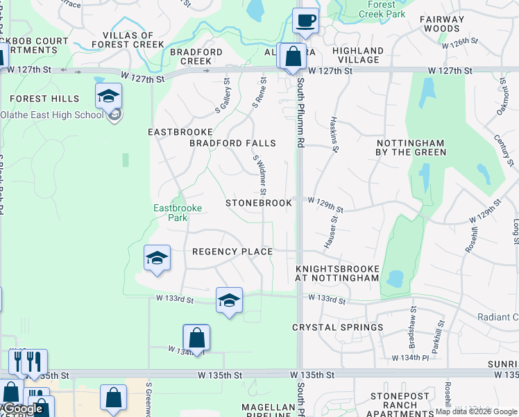 map of restaurants, bars, coffee shops, grocery stores, and more near 12973 South Widmer Street in Olathe