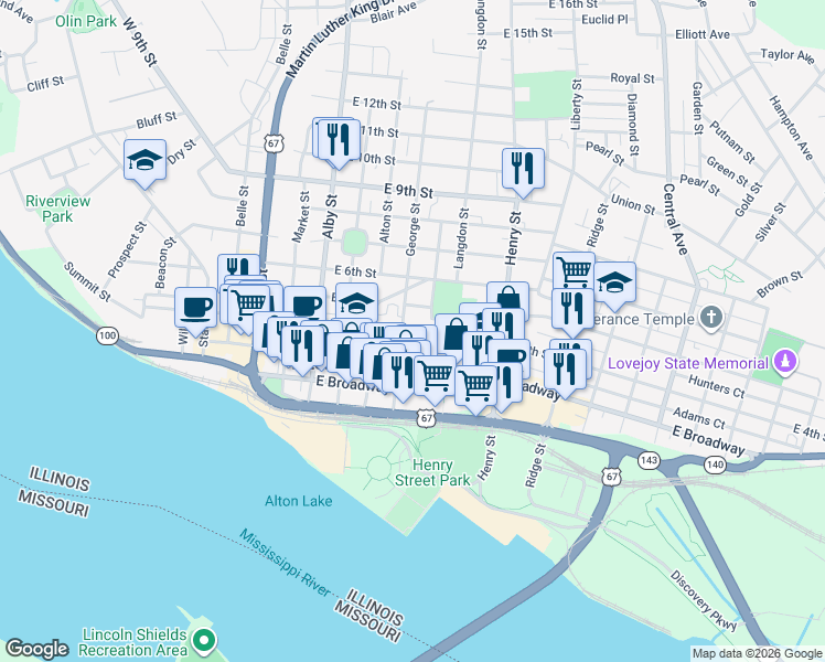 map of restaurants, bars, coffee shops, grocery stores, and more near 424 Mechanic Street in Alton