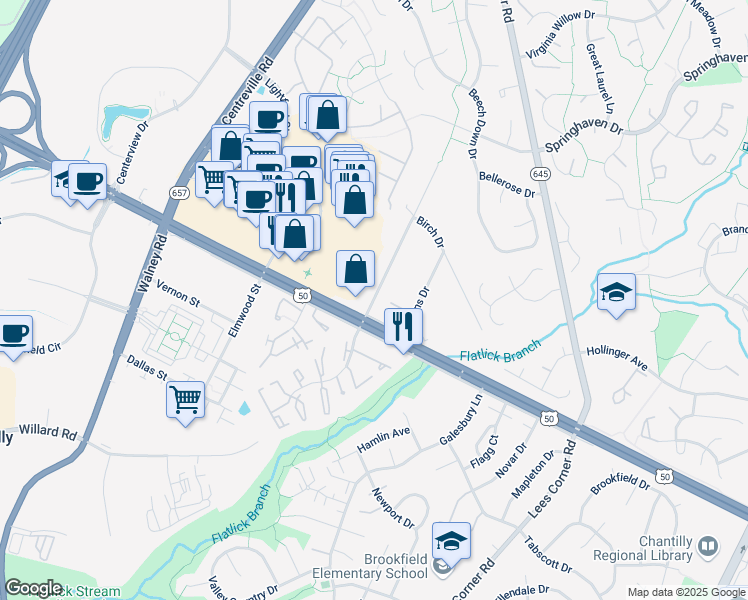 map of restaurants, bars, coffee shops, grocery stores, and more near Chantilly Road in Chantilly