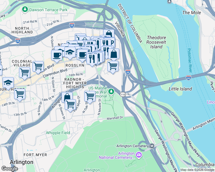 map of restaurants, bars, coffee shops, grocery stores, and more near 101 Independence Avenue Southeast in Washington