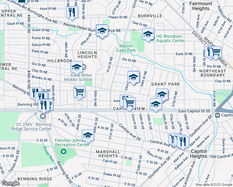 map of restaurants, bars, coffee shops, grocery stores, and more near 5209 Blaine Street Northeast in Washington