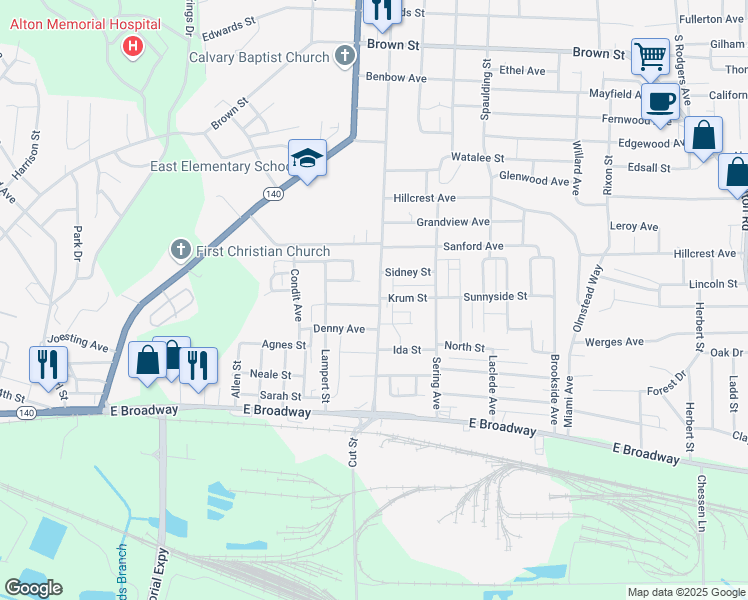 map of restaurants, bars, coffee shops, grocery stores, and more near 602 Main Street in Alton