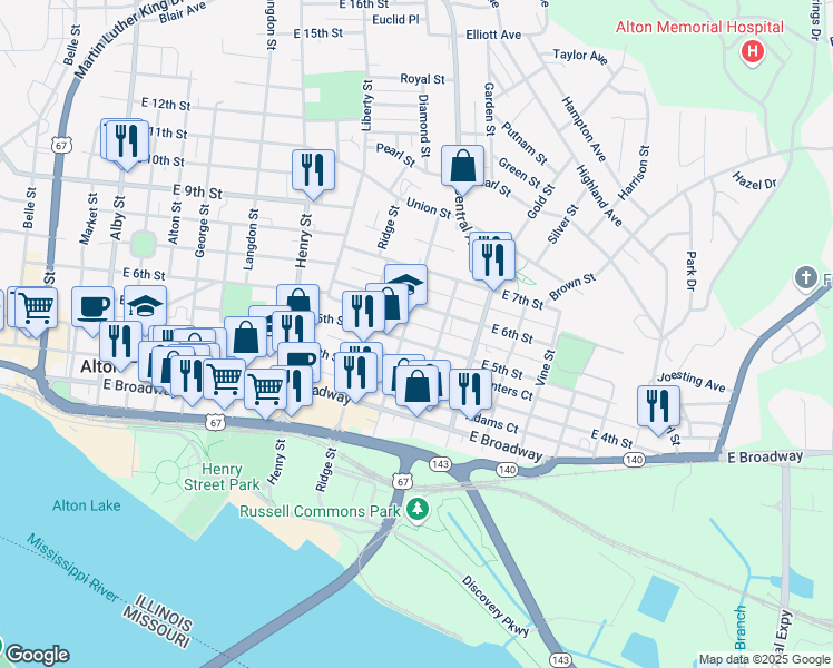 map of restaurants, bars, coffee shops, grocery stores, and more near 816 East 5th Street in Alton
