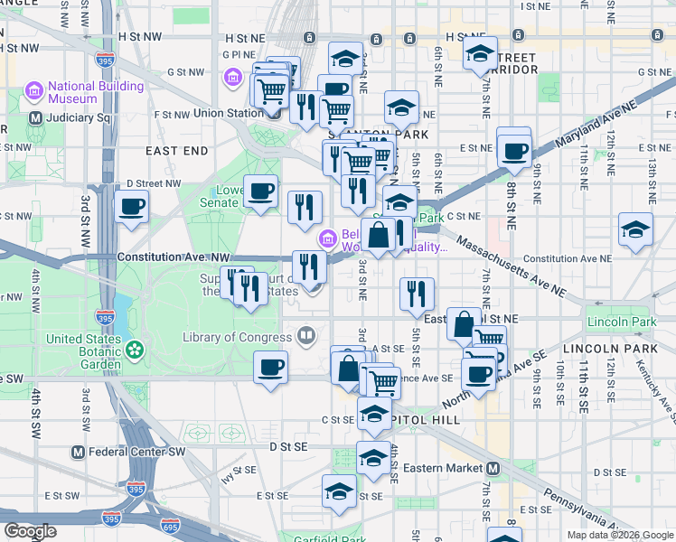 map of restaurants, bars, coffee shops, grocery stores, and more near 101 Independence Avenue Southeast in Washington
