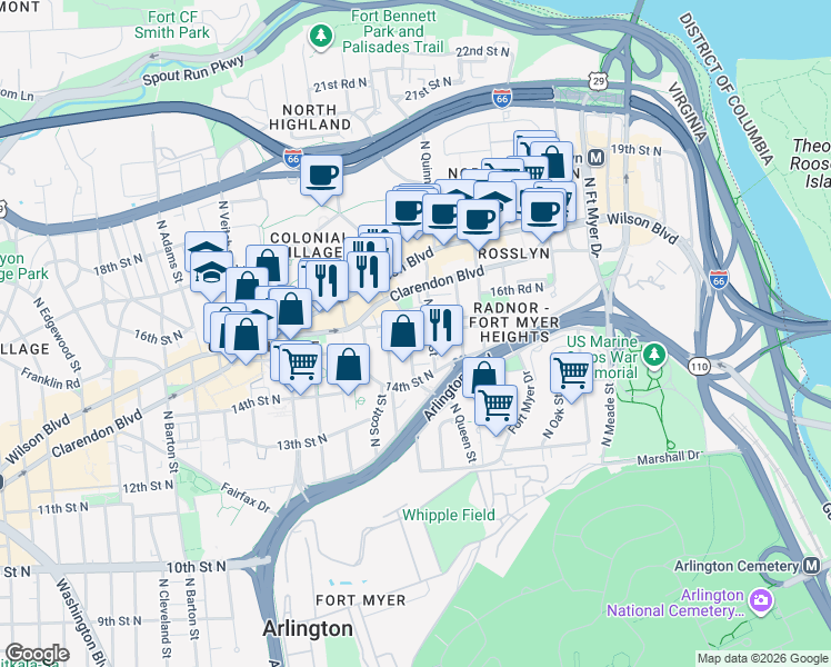map of restaurants, bars, coffee shops, grocery stores, and more near 1513 North Rhodes Street in Arlington
