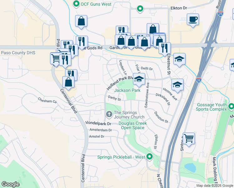 map of restaurants, bars, coffee shops, grocery stores, and more near 4118 Forrest Hill Road in Colorado Springs