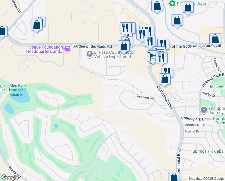 map of restaurants, bars, coffee shops, grocery stores, and more near 1545 Chutney Court in Colorado Springs