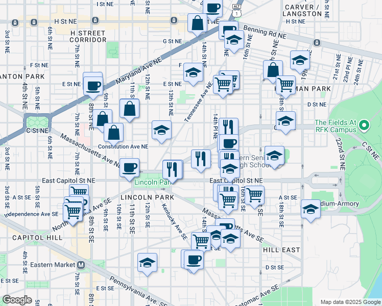 map of restaurants, bars, coffee shops, grocery stores, and more near 1358 North Carolina Avenue Northeast in Washington