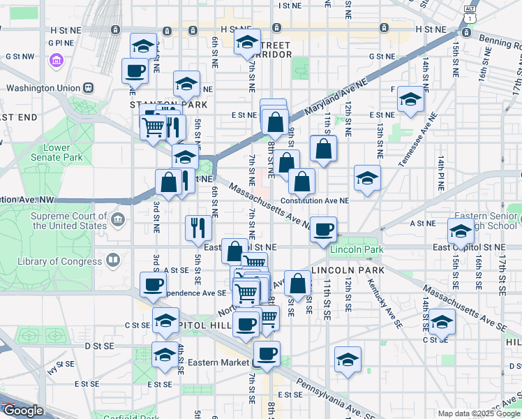 map of restaurants, bars, coffee shops, grocery stores, and more near 101 Independence Avenue Southeast in Washington