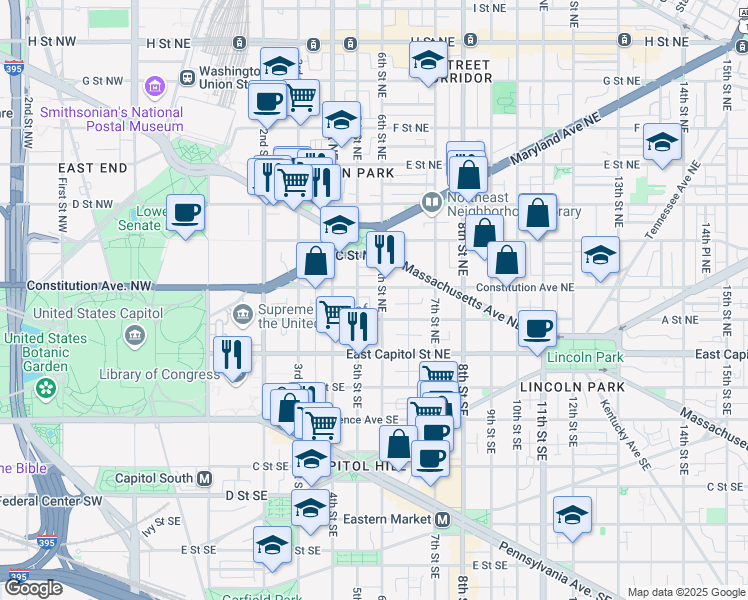 map of restaurants, bars, coffee shops, grocery stores, and more near 101 Independence Avenue Southeast in Washington