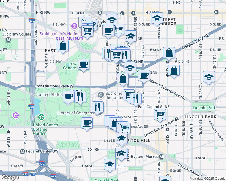 map of restaurants, bars, coffee shops, grocery stores, and more near 101 Independence Avenue Southeast in Washington