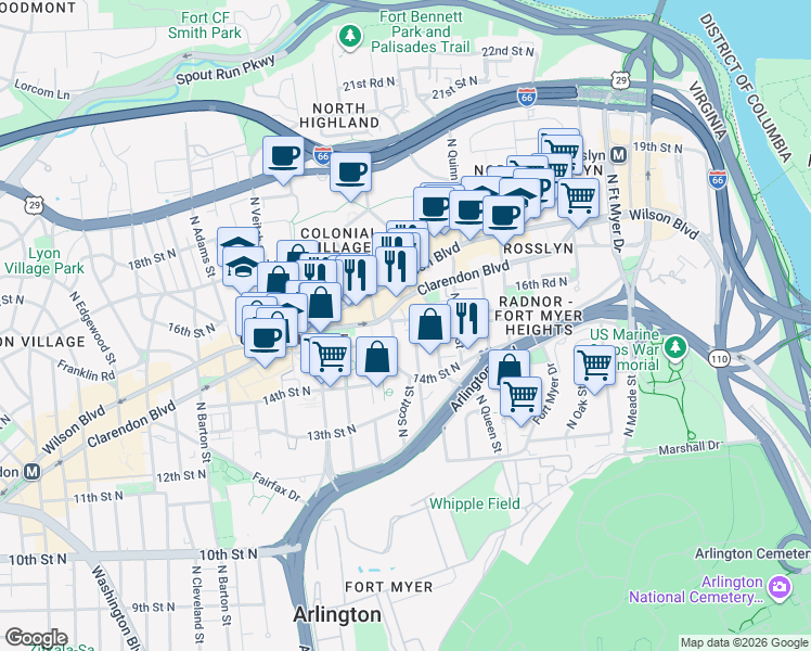 map of restaurants, bars, coffee shops, grocery stores, and more near 101 Independence Avenue Southeast in Washington