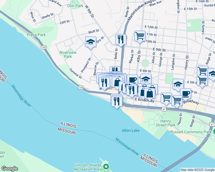 map of restaurants, bars, coffee shops, grocery stores, and more near 322 State Street in Alton