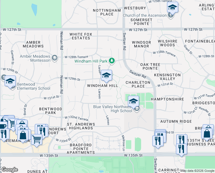 map of restaurants, bars, coffee shops, grocery stores, and more near 10521 West 129th Street in Overland Park