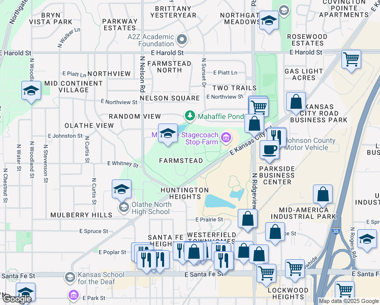 map of restaurants, bars, coffee shops, grocery stores, and more near 716 North Sunset Drive in Olathe