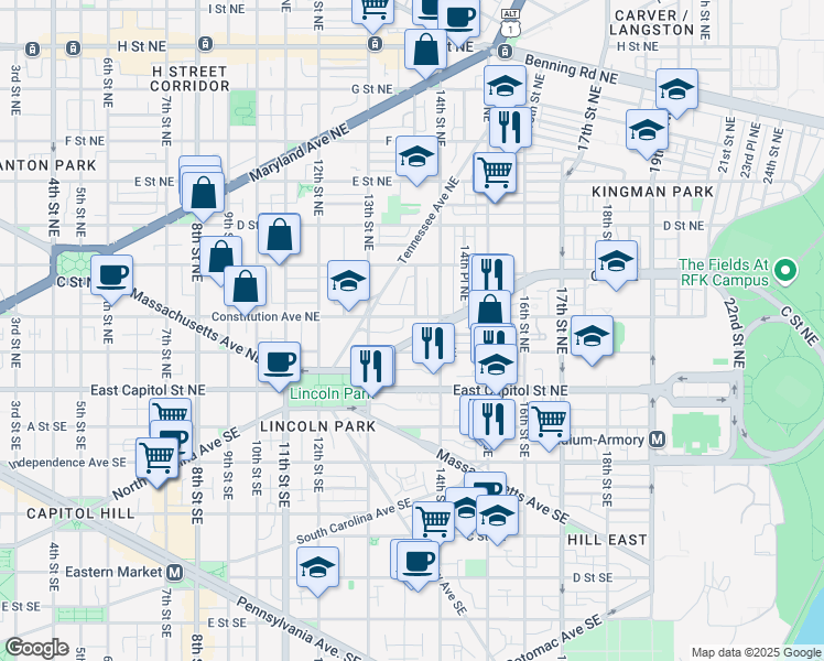 map of restaurants, bars, coffee shops, grocery stores, and more near 1358 North Carolina Avenue Northeast in Washington