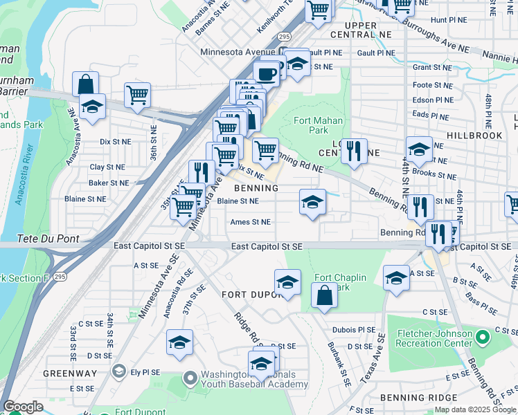 map of restaurants, bars, coffee shops, grocery stores, and more near 3963 Blaine Street Northeast in Washington