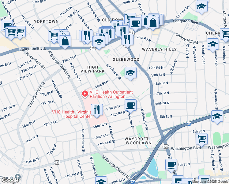map of restaurants, bars, coffee shops, grocery stores, and more near 1815 N Columbus St in Arlington