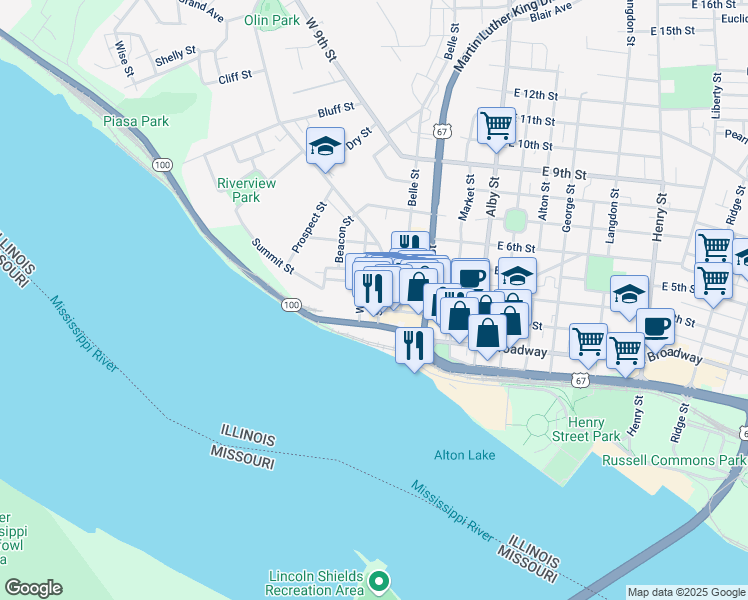 map of restaurants, bars, coffee shops, grocery stores, and more near 322 State Street in Alton