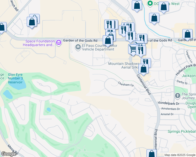 map of restaurants, bars, coffee shops, grocery stores, and more near 1545 Chutney Court in Colorado Springs