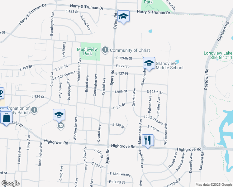 map of restaurants, bars, coffee shops, grocery stores, and more near 12736 Oakland Avenue in Grandview