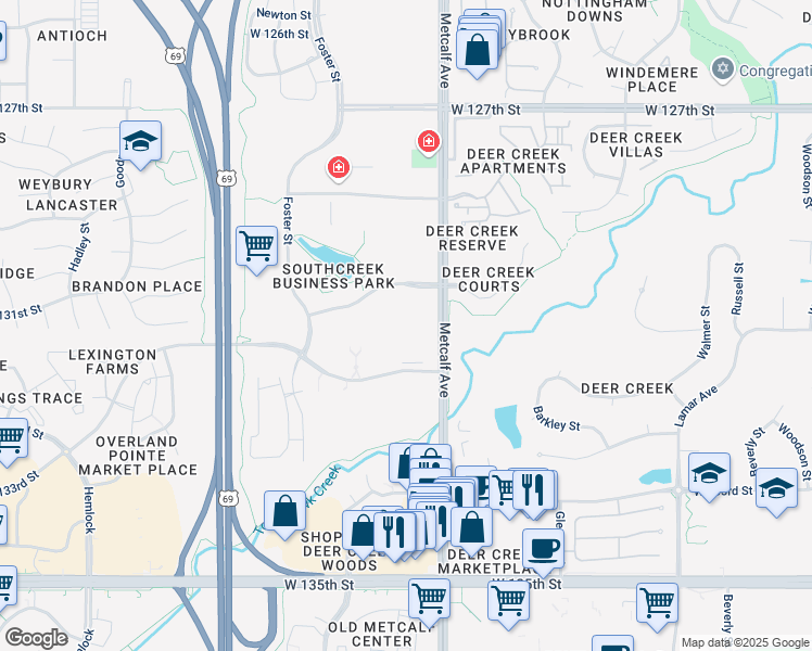 map of restaurants, bars, coffee shops, grocery stores, and more near 13060 Metcalf Avenue in Overland Park