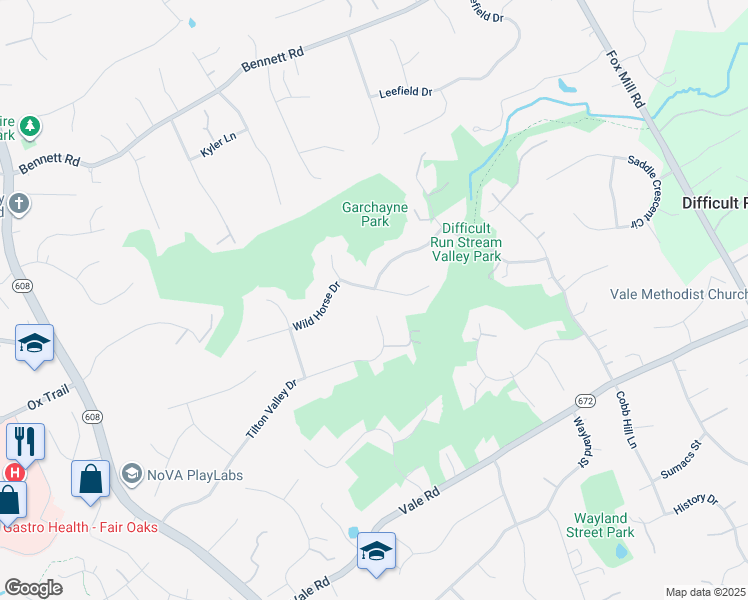 map of restaurants, bars, coffee shops, grocery stores, and more near 3264 Pony Ridge Way in Oakton