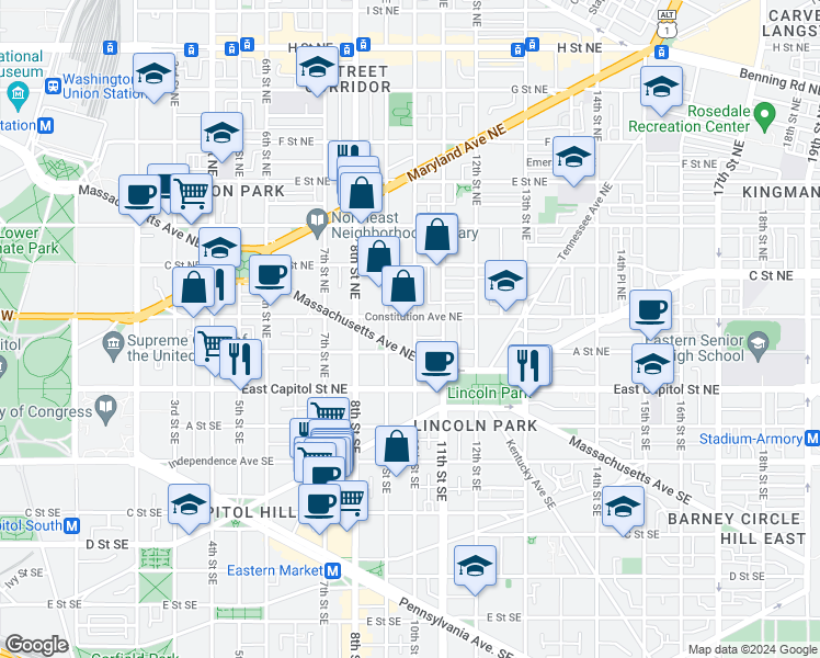 map of restaurants, bars, coffee shops, grocery stores, and more near 124 10th Street Northeast in Washington