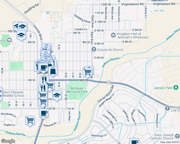 map of restaurants, bars, coffee shops, grocery stores, and more near 493 East Avenue in Lincoln