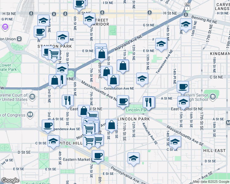 map of restaurants, bars, coffee shops, grocery stores, and more near 124 10th Street Northeast in Washington