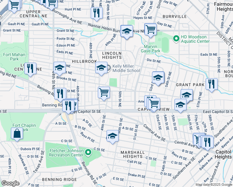 map of restaurants, bars, coffee shops, grocery stores, and more near 4945 Blaine Street Northeast in Washington