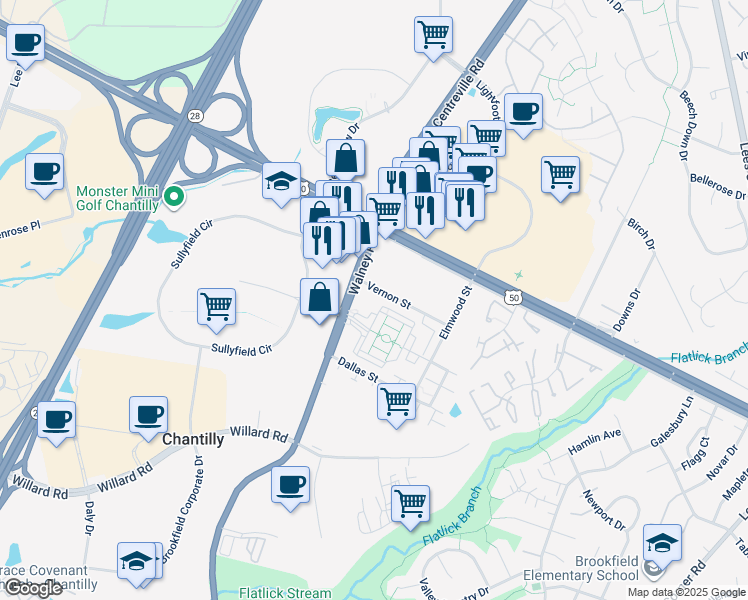 map of restaurants, bars, coffee shops, grocery stores, and more near 14005 Vernon Street in Chantilly