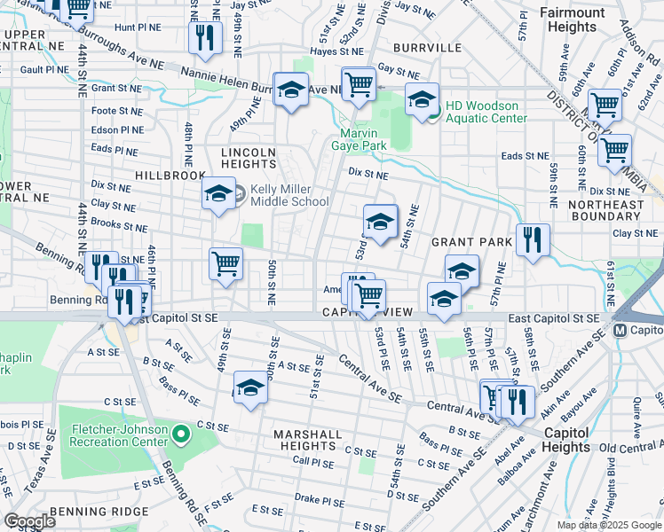 map of restaurants, bars, coffee shops, grocery stores, and more near 5209 Blaine Street Northeast in Washington