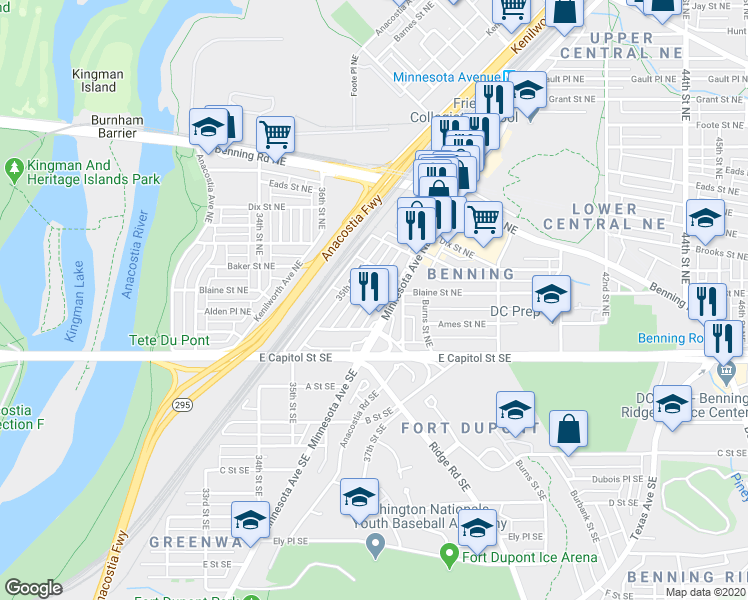map of restaurants, bars, coffee shops, grocery stores, and more near 145 36th Street Northeast in Washington