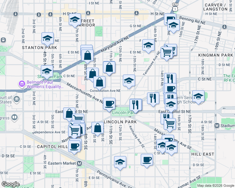 map of restaurants, bars, coffee shops, grocery stores, and more near 101 Independence Avenue Southeast in Washington